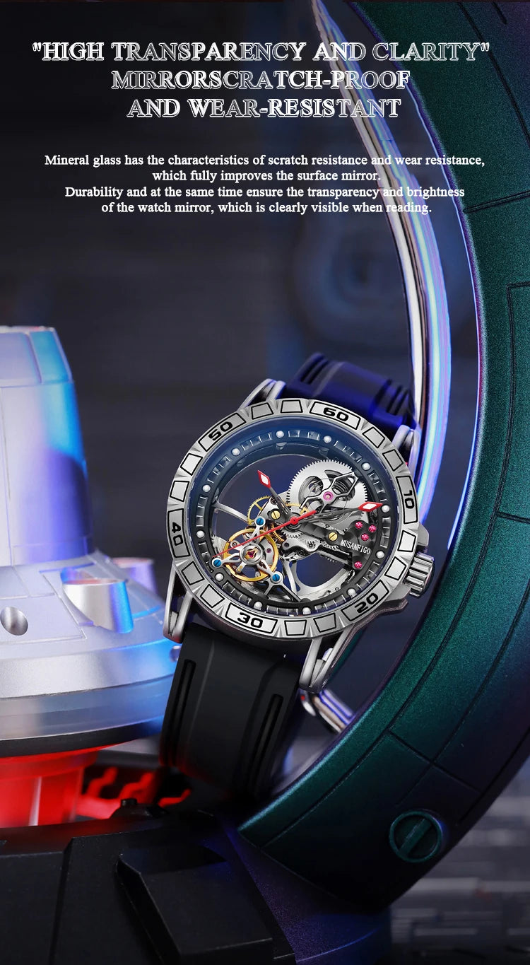 MUSANFIGO hollowed out fully automatic men's watch with mechanical movement, men's night light waterproof trendy watch