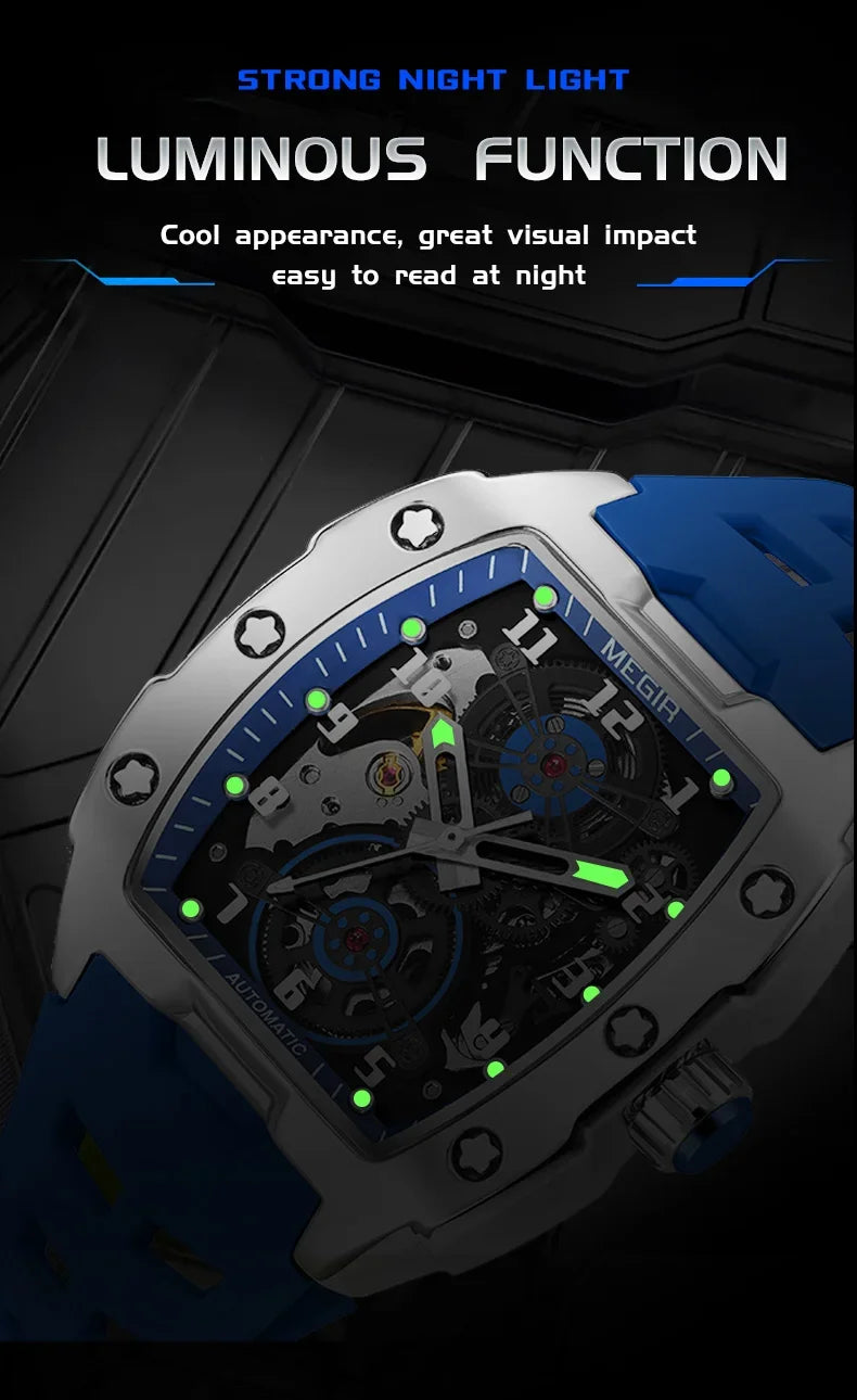MEGIR Fashion Sport Alloy Case Men Mechanics Watch Waterproof Silicone Band Barrel Shaped Dial Luminous Pointer Man Wristwatches