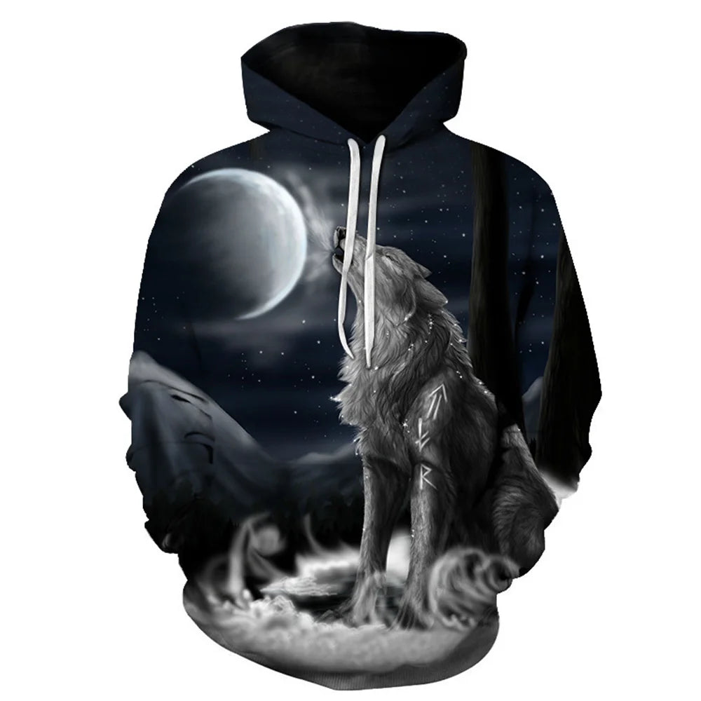 Sweatshirt com Capuz Lobo 3D Estampado, Estilo Europeu e Americano, Pullover Casual de Manga Comprida com Personalidade Animal, Modelo Popular