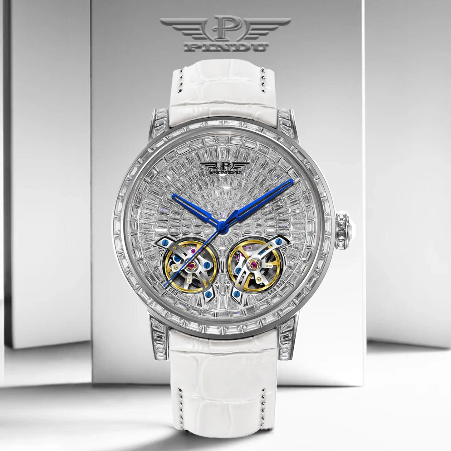 2026 PINDU Design New Diamond Mechanical Watch Men Top Luxury Double Flying Wheel Watch Sapphire Glass Waterproof Watch Leather