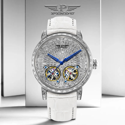 2026 PINDU Design New Diamond Mechanical Watch Men Top Luxury Double Flying Wheel Watch Sapphire Glass Waterproof Watch Leather