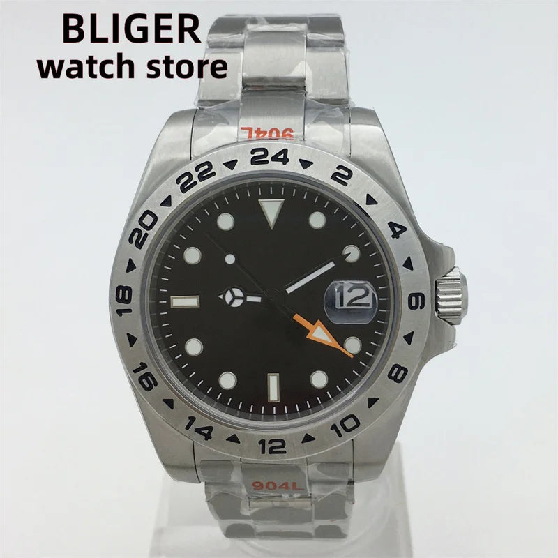 BLIGER 40mm/43mm Japan NH34 GMT Men's mechanical watch green luminous white dial sapphire glass stainless steel strap