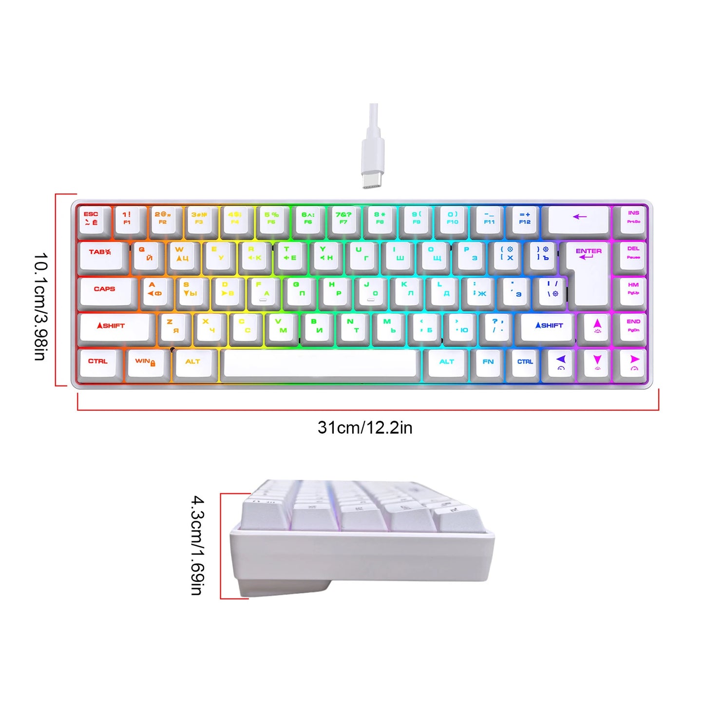 Tastiera meccanica gaming 68 tasti russo-inglese, tastiera bilingue con retroilluminazione RGB per il gaming