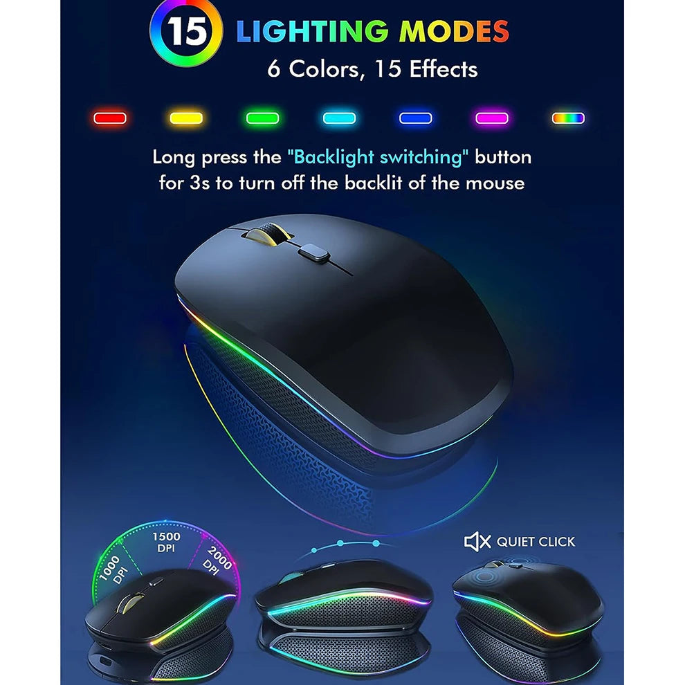 Conjunto de teclado e rato sem fios com retroiluminação RGB, letras iluminadas recarregáveis, tamanho completo, ergonómico, modo de suspensão, 2.4GHz