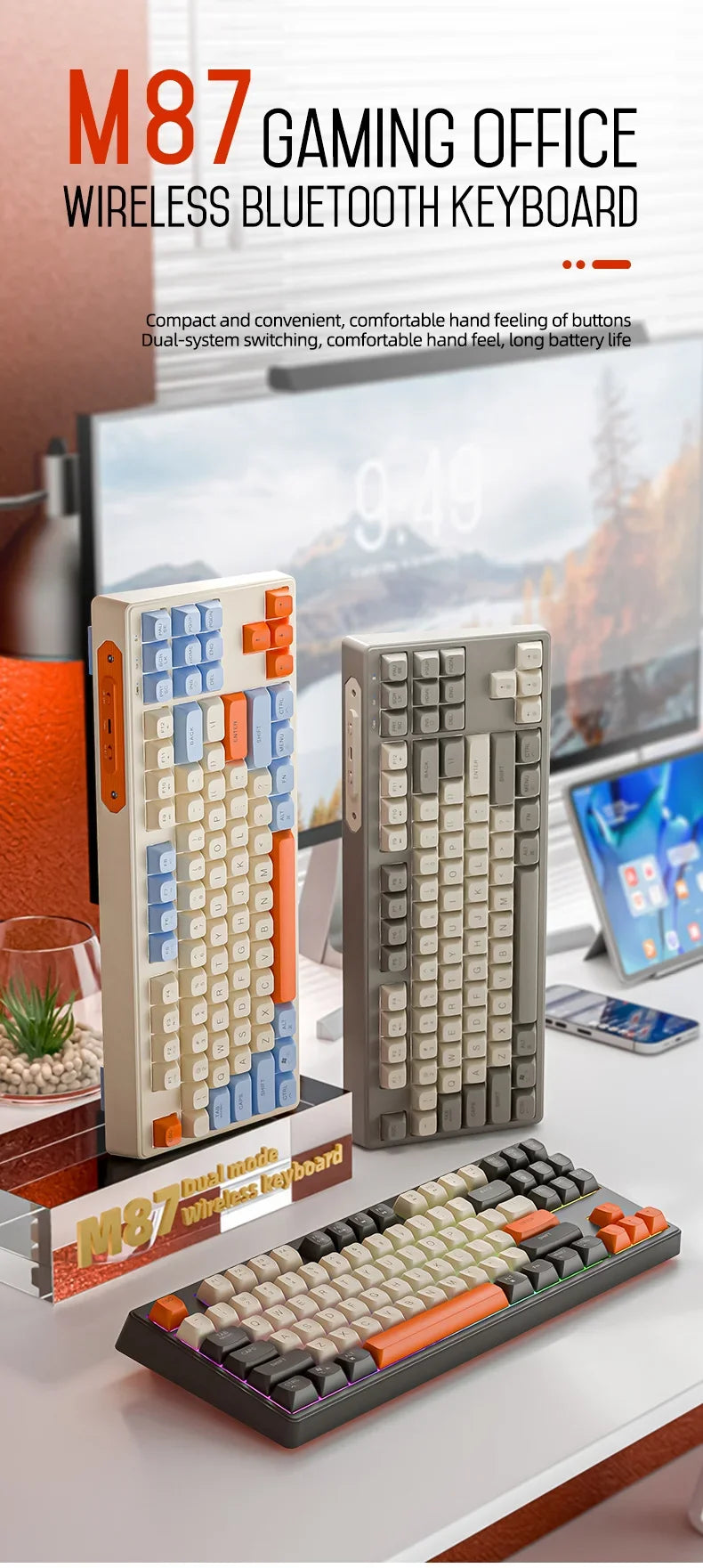 Tastiera M87 wireless Bluetooth dual mode, sensazione meccanica, gaming e ufficio silenziosa, copritasti sferici in PBT, illuminazione arcobaleno