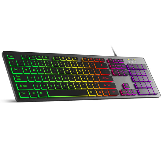 Teclado gaming para computador com iluminação RGB retroiluminada, silencioso, com fio, USB, para escritório e casa, russo, francês, espanhol, alemão, árabe, inglês