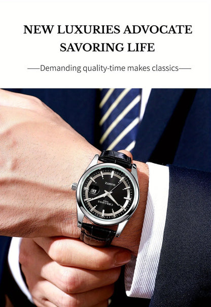 CHRONOS Men Classic Quartz Wrist Watch with Calendar Luminous Dial Leather Strap Casual Business Leisure Outdoor Sports Watches