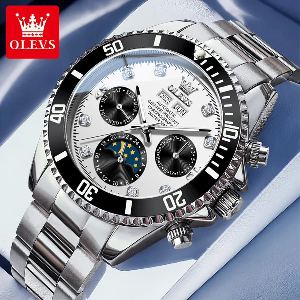 OLEVS 6729 Original Men's Watches Stainless Steel Waterproof Luminous Date Week Moon Phase Automatic Mechanical Watches for Man