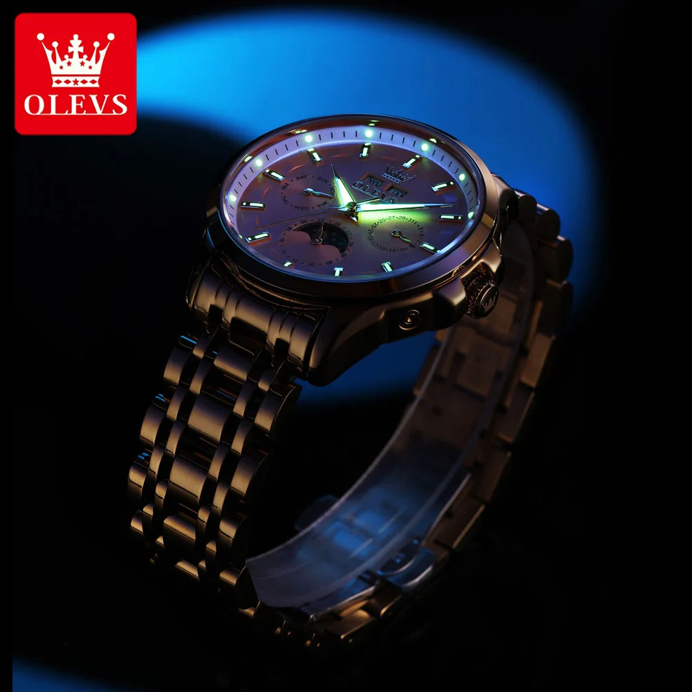 OELVS 7070 New Mens Watch Luxury Automatic Mechanical Watches For Man Moon Phase Waterproof Luminous Steel Watch Gift Box Reloj