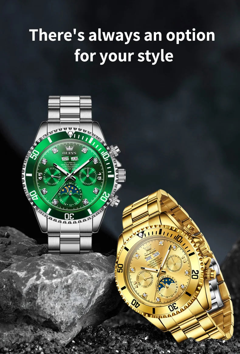 OLEVS 6729 Original Men's Watches Stainless Steel Waterproof Luminous Date Week Moon Phase Automatic Mechanical Watches for Man
