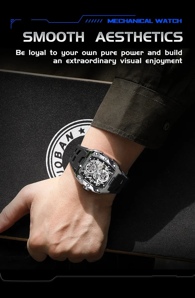 MEGIR Fashion Sport Alloy Case Men Mechanics Watch Waterproof Silicone Band Barrel Shaped Dial Luminous Pointer Man Wristwatches