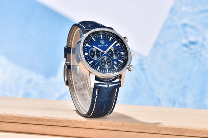Relógio de luxo para homem Benyar – Cronógrafo com data, bracelete em pele, estanque, luminescente, estilo desportivo e militar, relógio de quartzo
