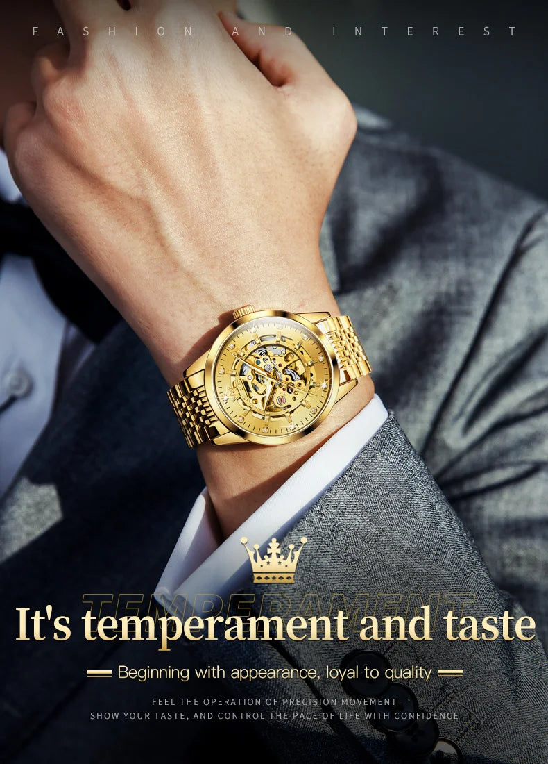 OLEVS Men's Watches Luxury Gold Skeleton Automatic Mechanical Wrist Watch for Man Waterproof Stainless Steel Luminous Business