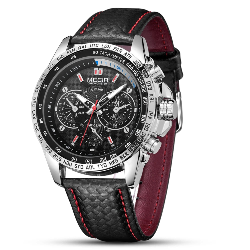 MEGIR men’s analogue quartz wristwatch – Water-resistant luxury watch with leather strap, casual style, model 1010 (black)