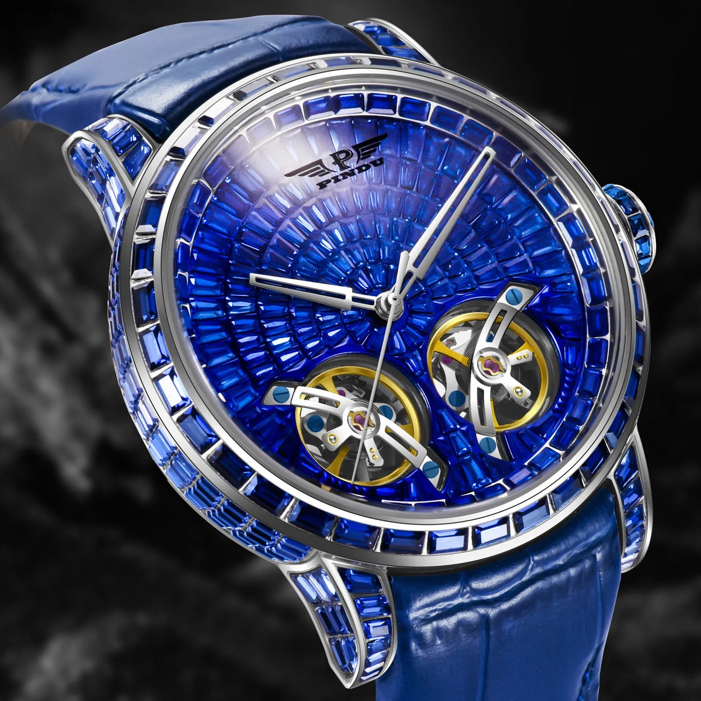 2026 PINDU Design New Diamond Mechanical Watch Men Top Luxury Double Flying Wheel Watch Sapphire Glass Waterproof Watch Leather