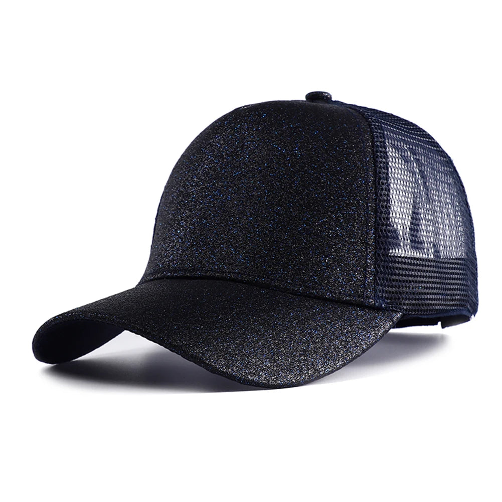 Letnia czapka z daszkiem z brokatem, z wysokim karkiem, damska czapka typu snapback, czapki typu trucker z siateczką w kolorach czarnym, białym i różowym dla kobiet Gorra