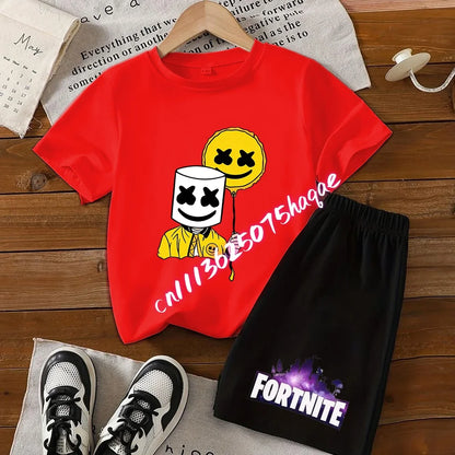 Sommer-Fortnite-T-Shirt und Shorts für Jungen und Mädchen, 2-teiliges Kinder-Set mit Oberteil und Hose, Fortress-Night-Print, Geschenk