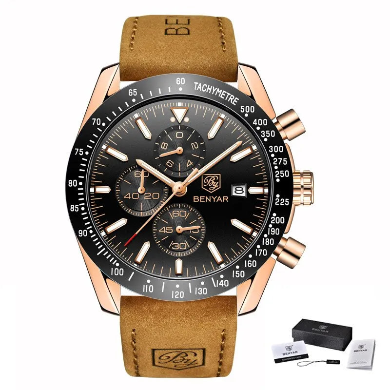 Relógios de luxo para homem BENYAR – Relógios de pulso de quartzo com bracelete em pele, resistentes à água até 30 m, estilo desportivo.