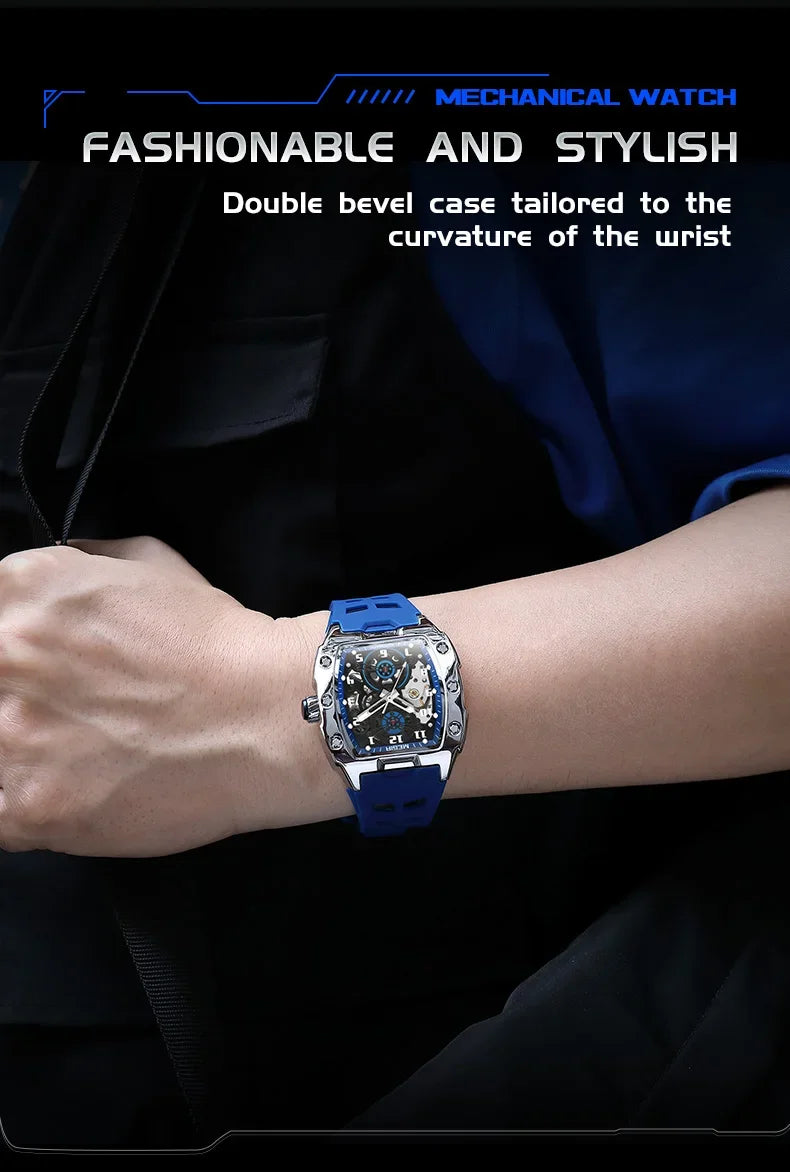 MEGIR Fashion Sport Alloy Case Men Mechanics Watch Waterproof Silicone Band Barrel Shaped Dial Luminous Pointer Man Wristwatches
