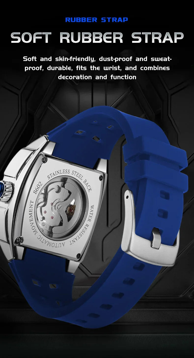 MEGIR Fashion Sport Alloy Case Men Mechanics Watch Waterproof Silicone Band Barrel Shaped Dial Luminous Pointer Man Wristwatches