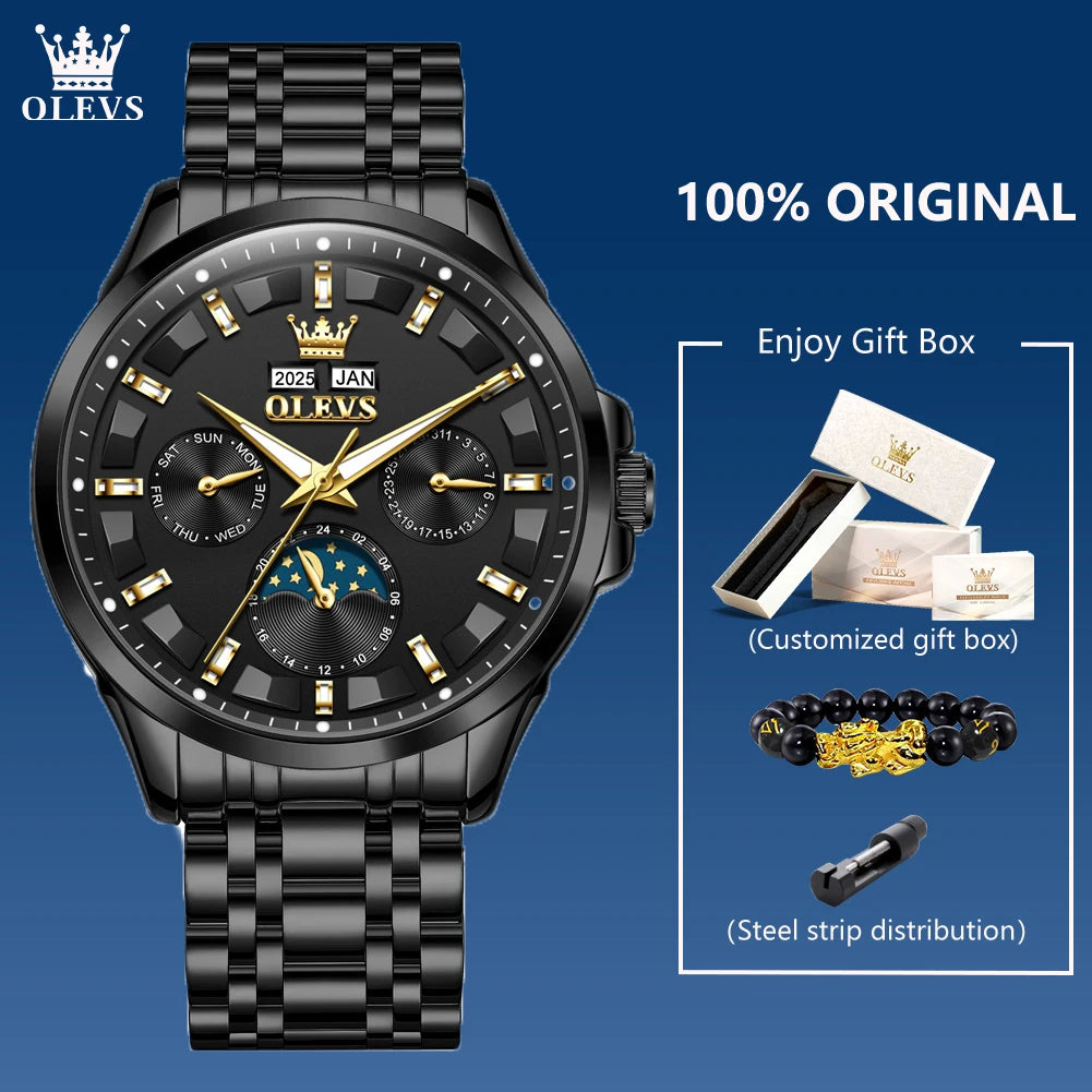 OELVS 7070 New Mens Watch Luxury Automatic Mechanical Watches For Man Moon Phase Waterproof Luminous Steel Watch Gift Box Reloj