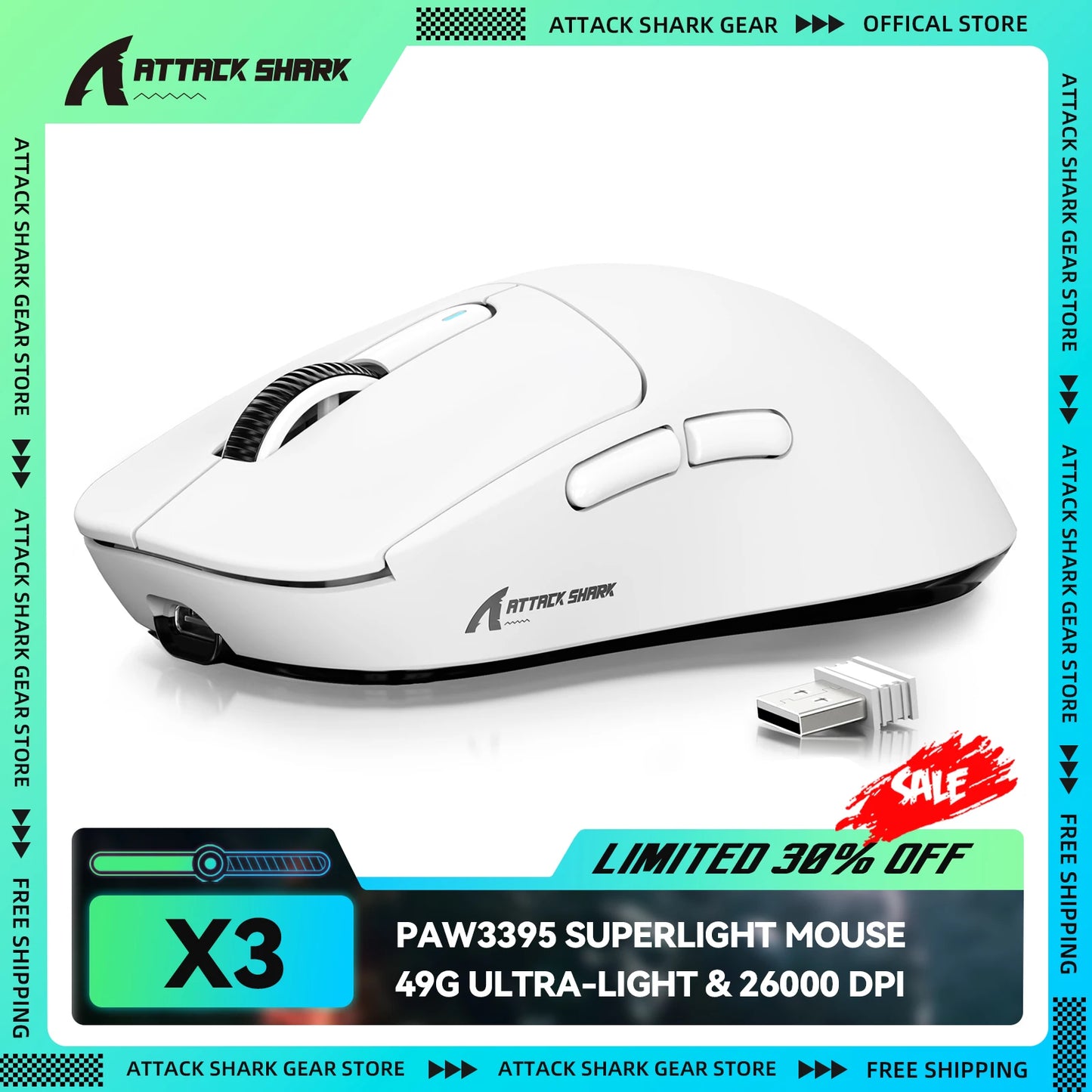 ATTACK SHARK X3 brezžična igralna miška, senzor PixArt PAW3395, 26K DPI, ultralahka 49g, tri-način 2.4G/Bluetooth/žično, za PC/MAC