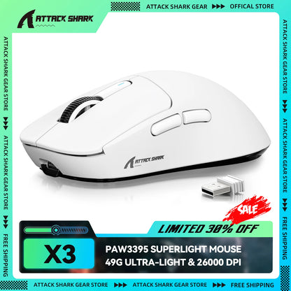 ATTACK SHARK X3 brezžična igralna miška, senzor PixArt PAW3395, 26K DPI, ultralahka 49g, tri-način 2.4G/Bluetooth/žično, za PC/MAC