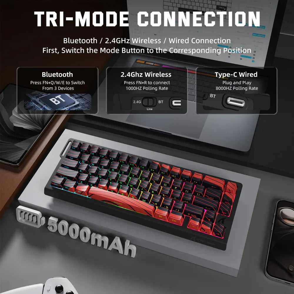 Teclado Gaming ATTACK SHARK X68PRO HE sem fios com Rapid Trigger, atuação ajustável, Hot-Swap, retroiluminação RGB, BT/2.4GHz/com fios