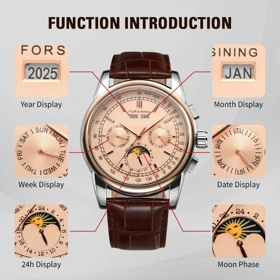 Forsining Retro Mechancial Watches Moon Phase Shanghai Movement Rose Gold Case Brown Leather Strap Luxury Automatic Mens Watch