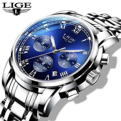 Relógio para homem LIGE – Cronógrafo de luxo, estilo desportivo descontraído, estanque, totalmente em aço, movimento de quartzo