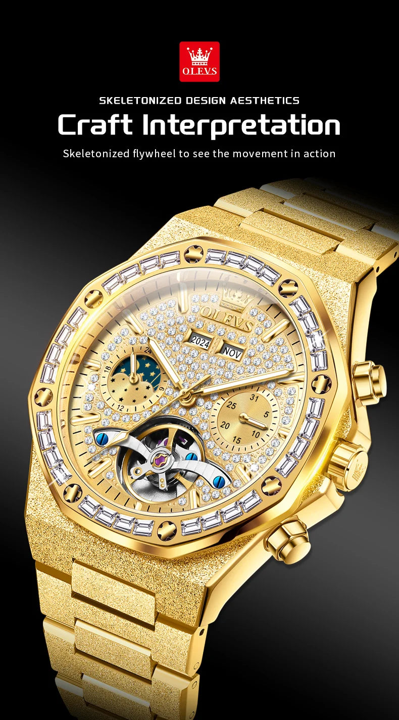 OLEVS 9805 Mens Watch Original Brand Tourbillon Automatic Mechanical Watch Diamond Dial Waterproof Moon Phase Watches For Men