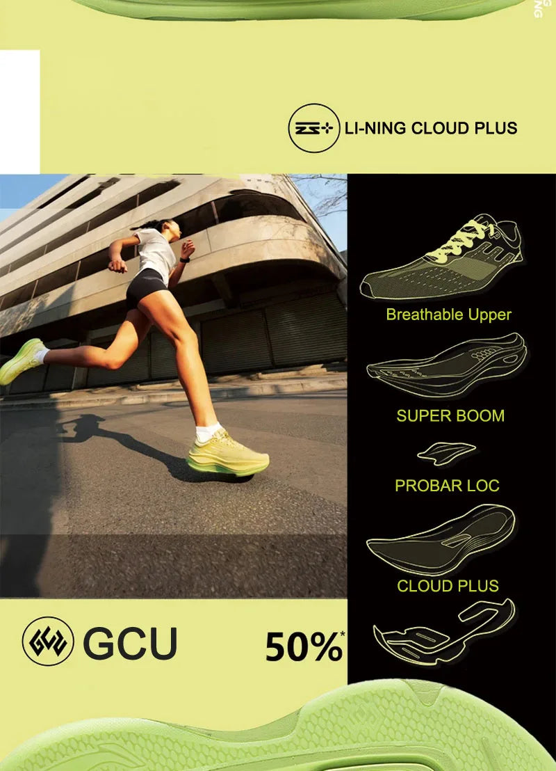 „Li-Ning“ moteriški bėgimo bateliai „YUEYING 5 PRO“ su optimizuota amortizacija ir plačiu pirštų skyriumi, atspindintys „SUPER BOOM“ „LiNing“ sportiniai bateliai ARHV014