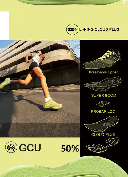 „Li-Ning“ moteriški bėgimo bateliai „YUEYING 5 PRO“ su optimizuota amortizacija ir plačiu pirštų skyriumi, atspindintys „SUPER BOOM“ „LiNing“ sportiniai bateliai ARHV014