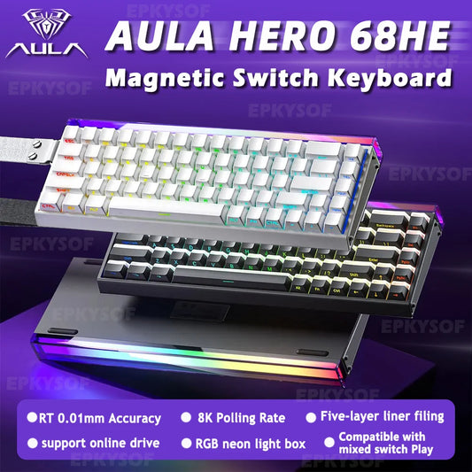 AULA HERO 68HE Teclado Mecânico Gaming RGB com Switch Magnético Rapid Trigger Retorno 8K com Fio Teclado Personalizado para Esports