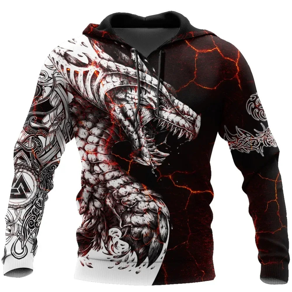 Pánská mikina s kapucí Black & White Tattoo Dragon s 3D potiskem, unisex streetwear, na zip, ležérní bunda, tepláková souprava KJ0192
