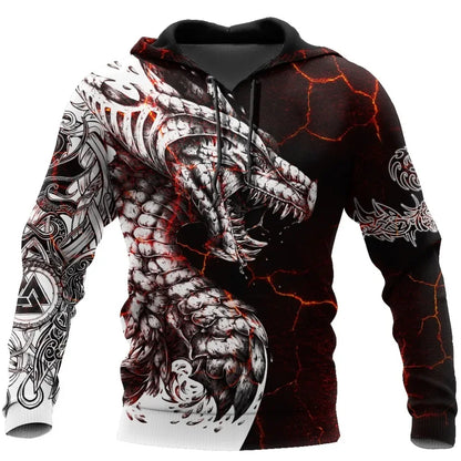 Pánská mikina s kapucí Black & White Tattoo Dragon s 3D potiskem, unisex streetwear, na zip, ležérní bunda, tepláková souprava KJ0192