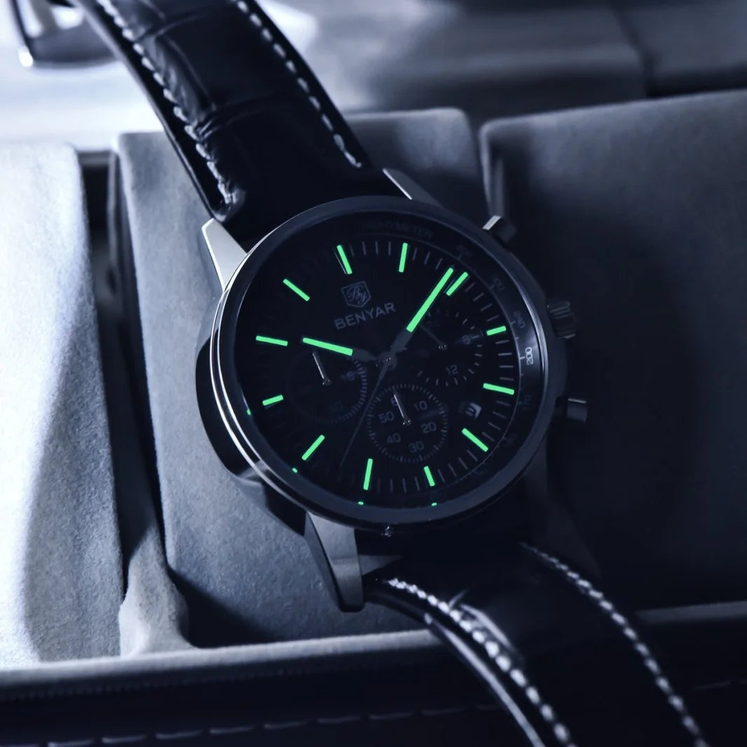 Relógio de luxo para homem Benyar – Cronógrafo com data, bracelete em pele, estanque, luminescente, estilo desportivo e militar, relógio de quartzo