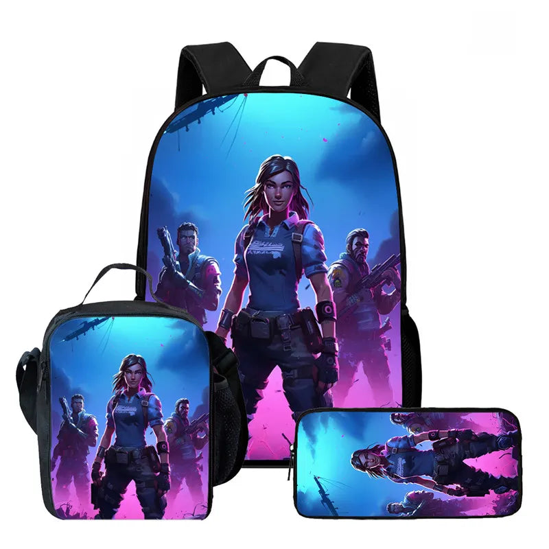 Fortnite Cartoon 3pcs Backpack Set for Boys Girls Unisex Including School Bag Lunch Bag Pencil Case Suitable for ages 5-8