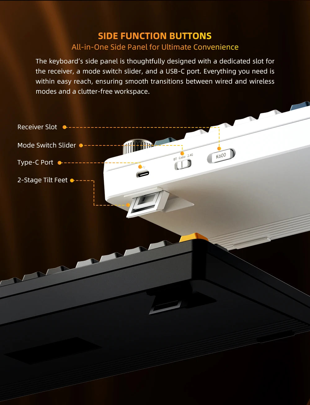 Teclado mecánico Machenike K600-B82W Tri-Modos con montaje gasket, diseño ANSI 75%, retroiluminación RGB y conexión inalámbrica para gaming