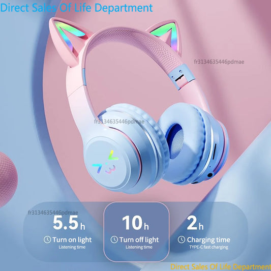 RGB Cat Ear Wireless Bluetooth Headphones for Kids & Girls – LED Light Stereo Gaming Headset with Microphone