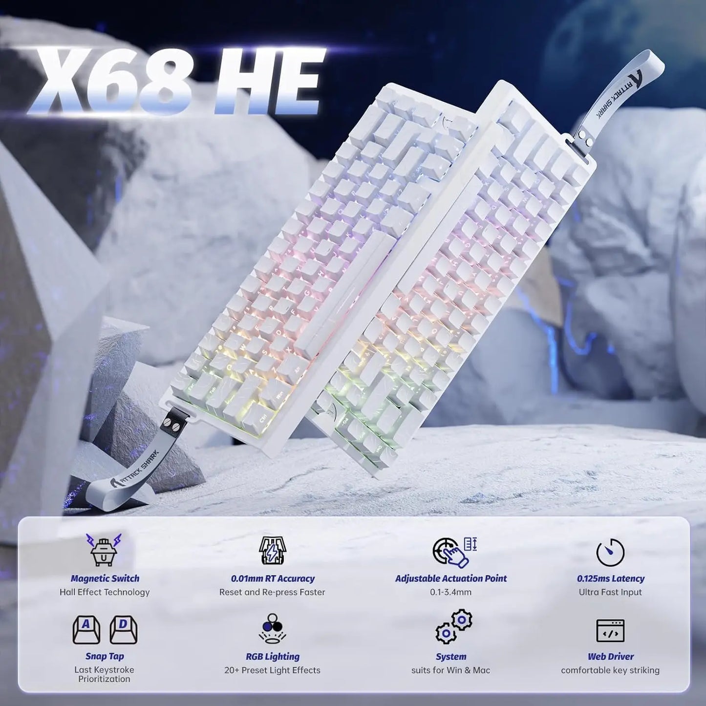 Teclado mecânico gaming ATTACK SHARK X68 HE Rapid Trigger 60% com fios, com atuação ajustável, interruptores magnéticos Hall Effect, 8KH
