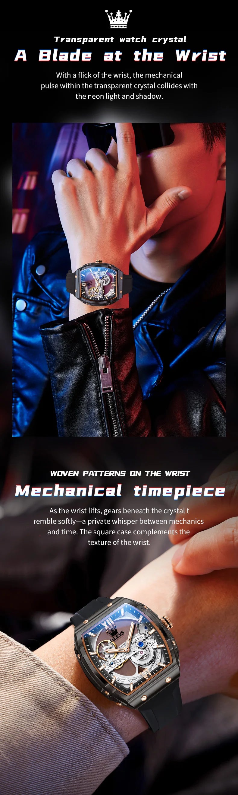 OLEVS 6779 Mens Watch Skeleton Mechanical Watch Fashion Business Sport Waterproof Luminous Silicone Strap Watches For Men