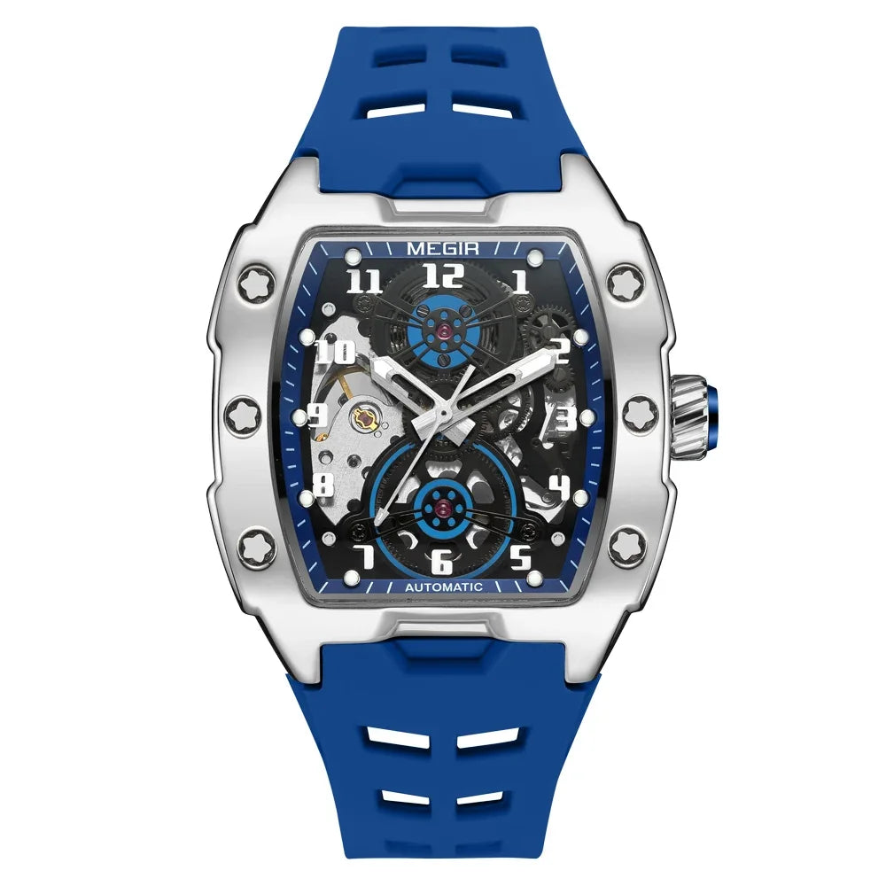 MEGIR Fashion Sport Alloy Case Men Mechanics Watch Waterproof Silicone Band Barrel Shaped Dial Luminous Pointer Man Wristwatches