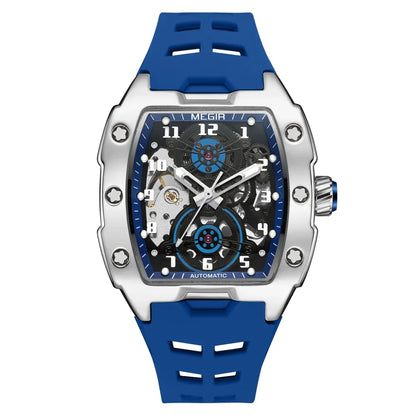 MEGIR Fashion Sport Alloy Case Men Mechanics Watch Waterproof Silicone Band Barrel Shaped Dial Luminous Pointer Man Wristwatches