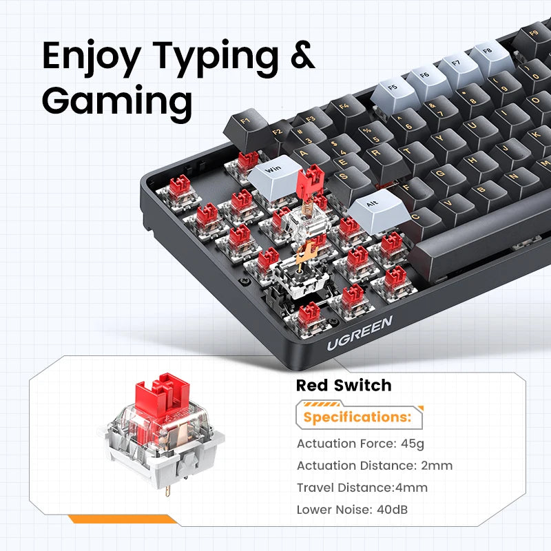 Tastiera meccanica UGREEN 108 tasti PBT, cablata, switch rossi, russo/coreano/EN, per desktop laptop Windows Mac OS Gaming