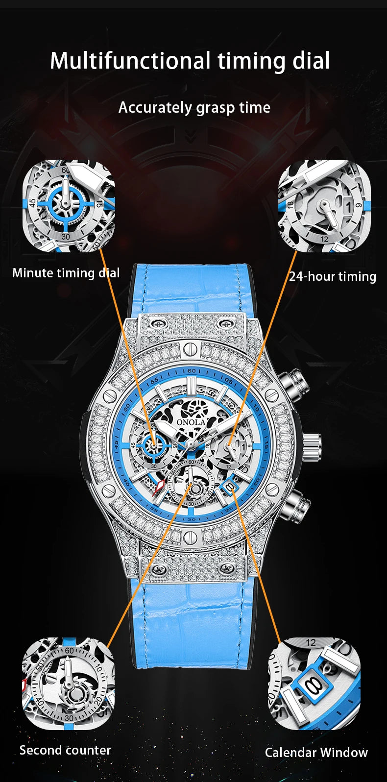 ONOLA Luxury Style Diamond Inlaid Men Quartz Watch Leather Strap Calendar Men Watch 30M Waterproof Men Clock