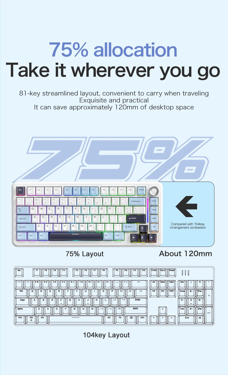 Teclado mecânico F75 FREEWOLF * AULA F75 Bluetooth de três modos, dedicado a gaming e utilização em escritório