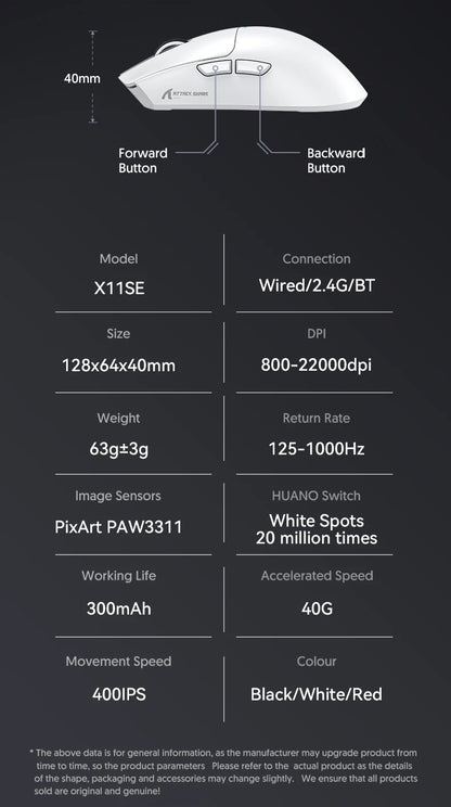 Bezdrôtová herná myš ATTACK SHARK X11SE, trojrežimové pripojenie, superľahká 63g s PAW3311 senzorom, 22000 DPI, 300mAh batéria, duálny ovládač