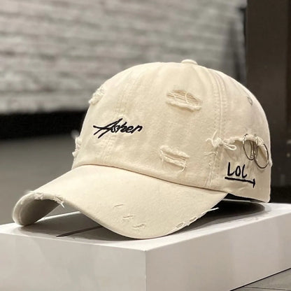 Unisex Asher Embroidery Broken Hole Iron Ring Baseball Caps Outdoor Adjustable Spring and Autumn Casual Sunscreen Hat