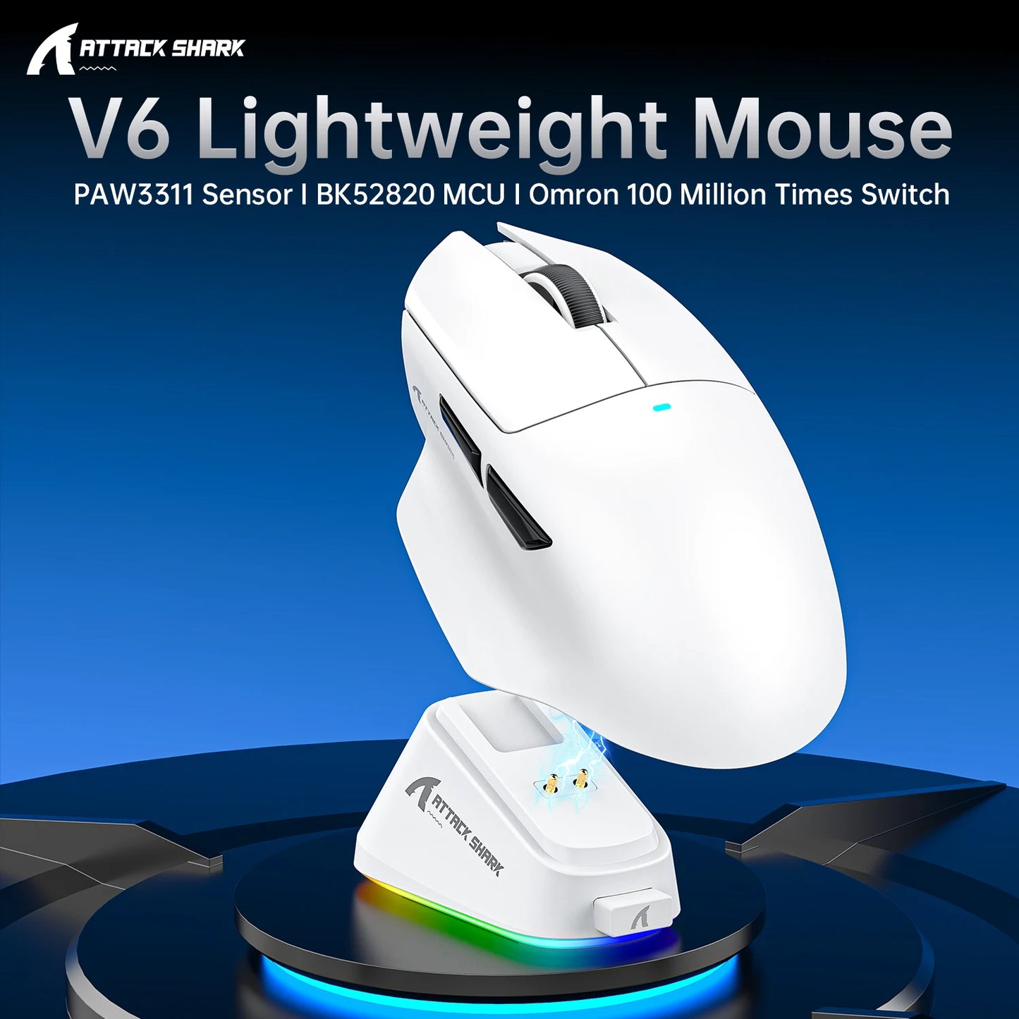 ATTACK SHARK V6  Wireless Gaming Superlight Mouse with RGB Magnetic Charging Dock,PAW3311 Sensor,Macro Gaming Mouse